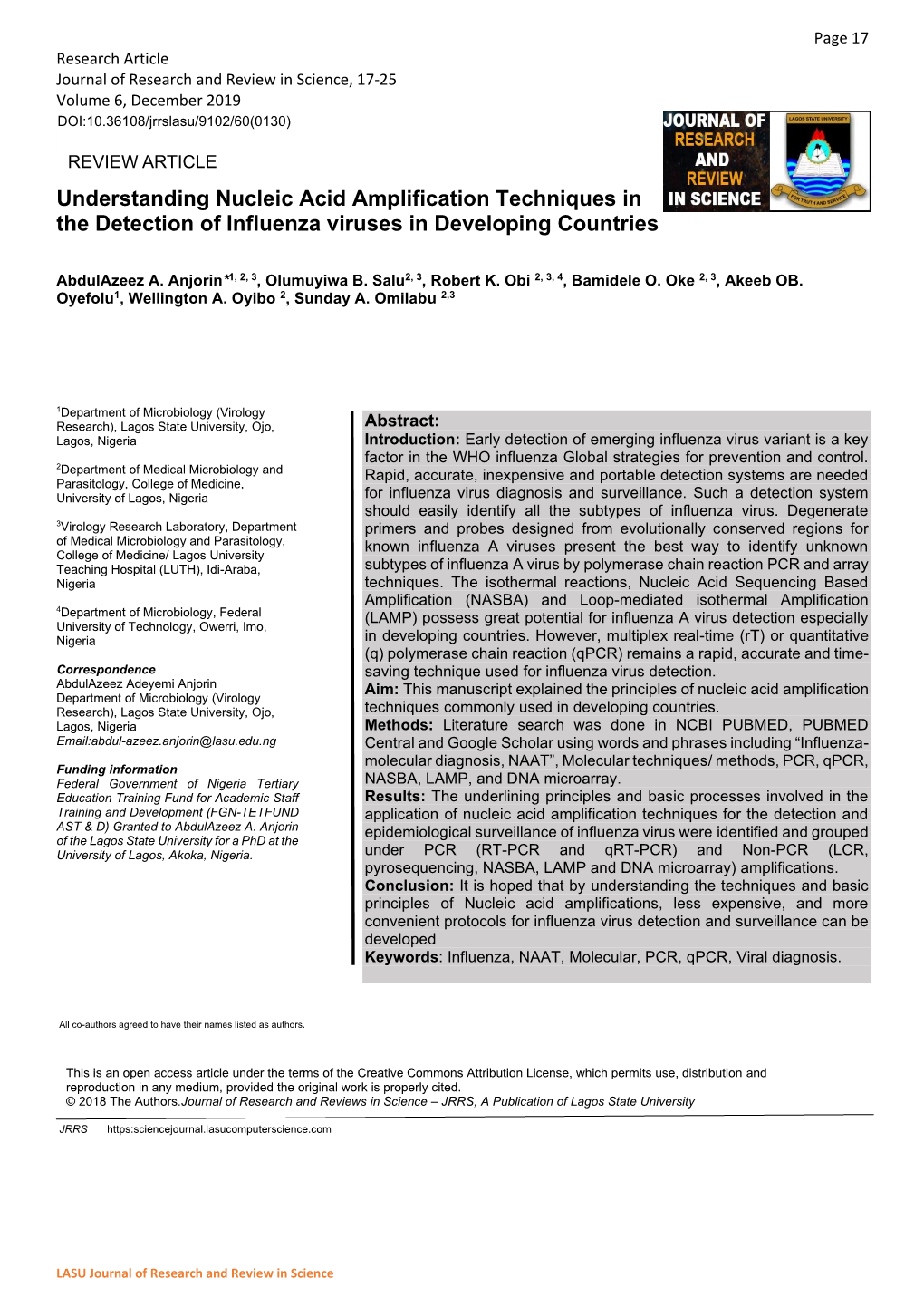 Understanding Nucleic Acid Amplification Techniques in the Detection of Influenza Viruses in Developing Countries REVIEW ARTICLE