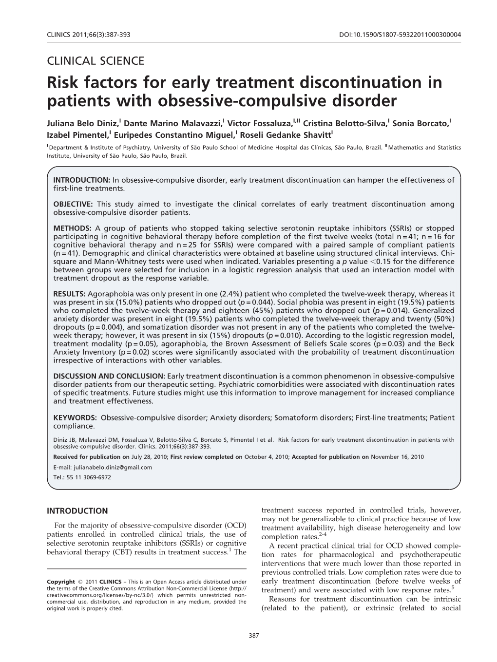 Risk Factors for Early Treatment Discontinuation in Patients with Obsessive-Compulsive Disorder