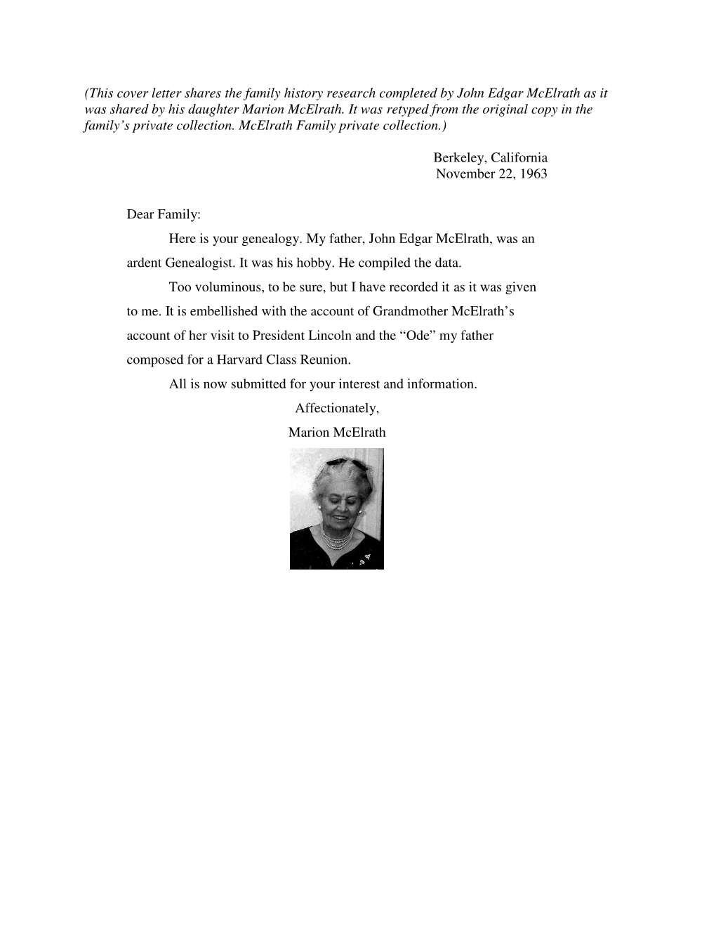 This Cover Letter Shares the Family History Research Completed by John Edgar Mcelrath As It Was Shared by His Daughter Marion Mcelrath