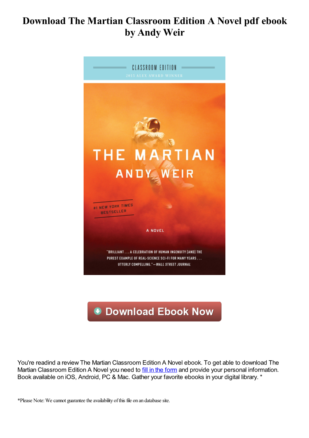 Download the Martian Classroom Edition a Novel Pdf Ebook by Andy Weir