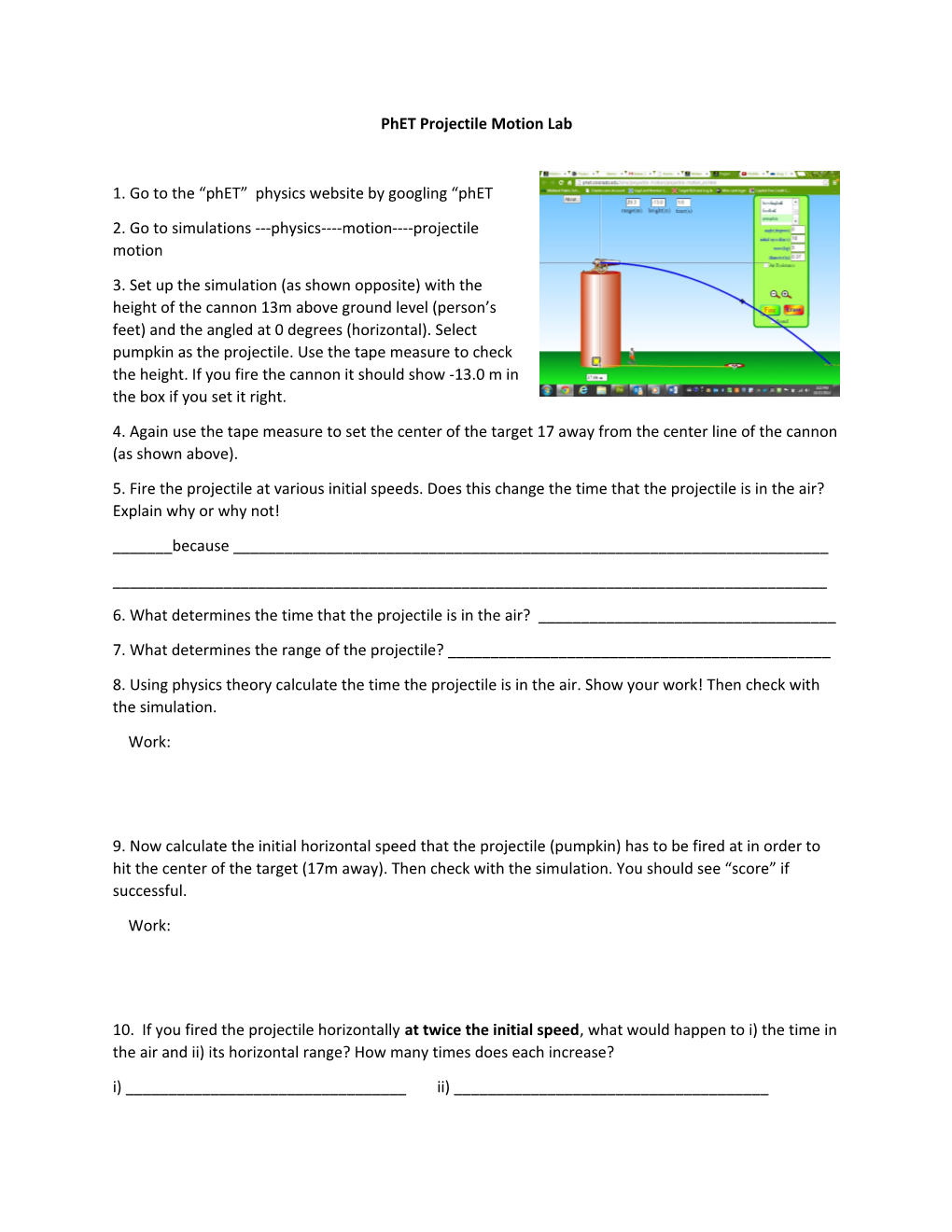 Phet Projectile Motion Lab