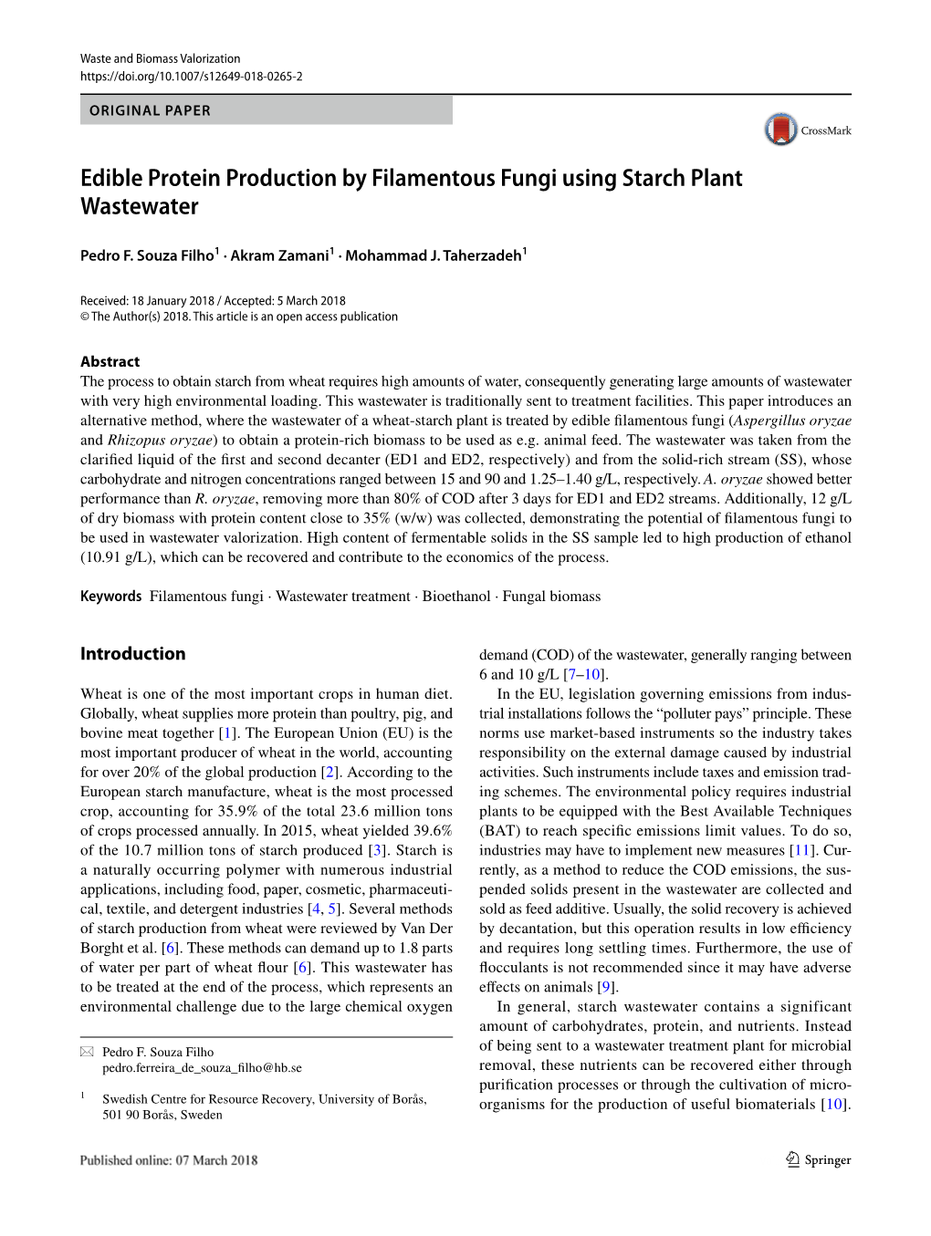 Edible Protein Production by Filamentous Fungi Using Starch Plant Wastewater