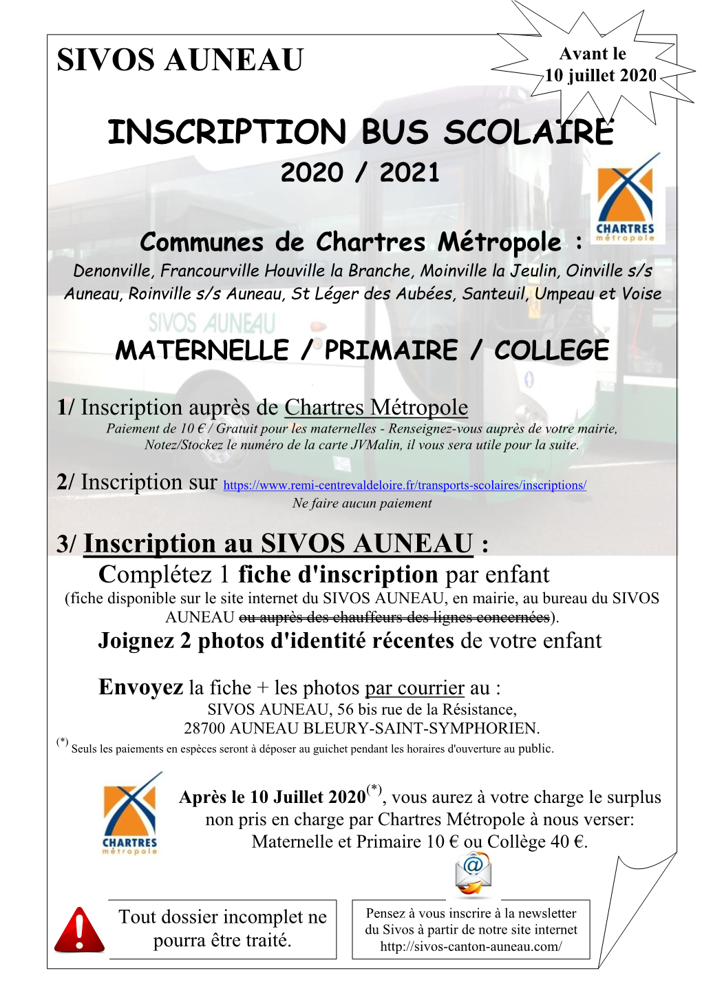 Sivos Auneau Inscription Bus Scolaire