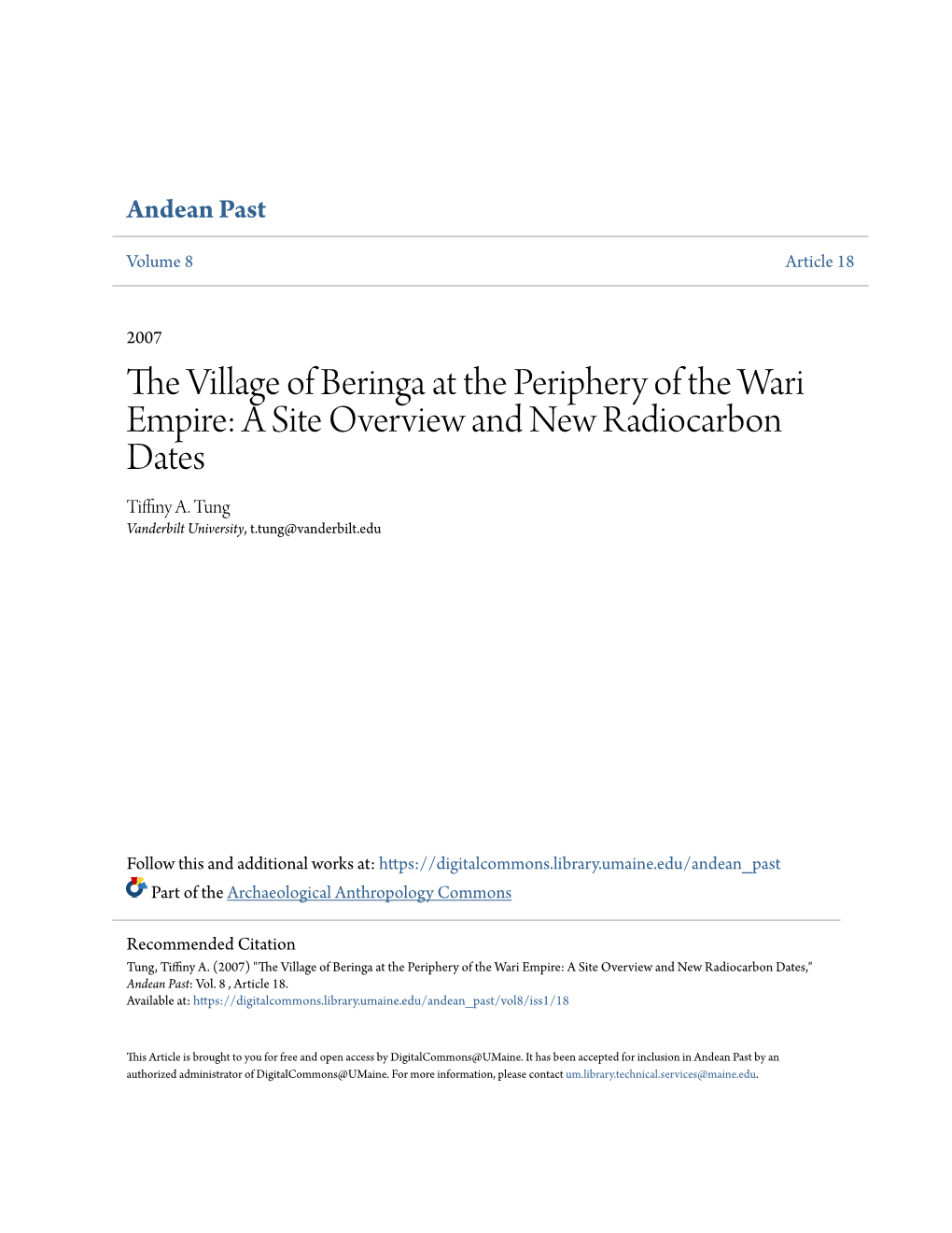 The Village of Beringa at the Periphery of the Wari Empire: a Site Overview and New Radiocarbon Dates