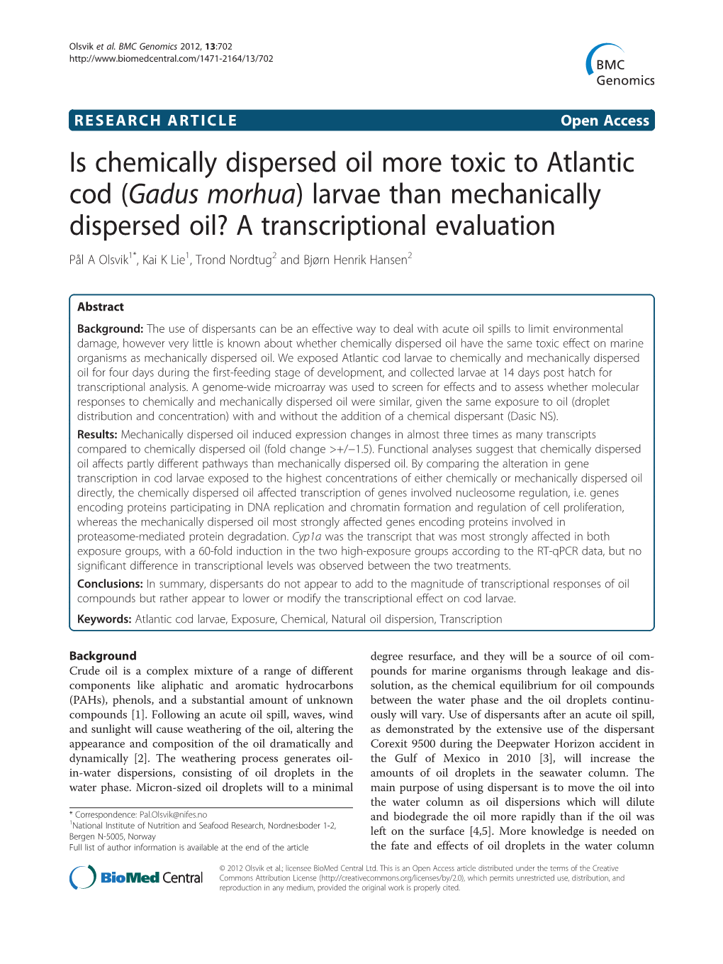 Is Chemically Dispersed Oil More Toxic to Atlantic Cod