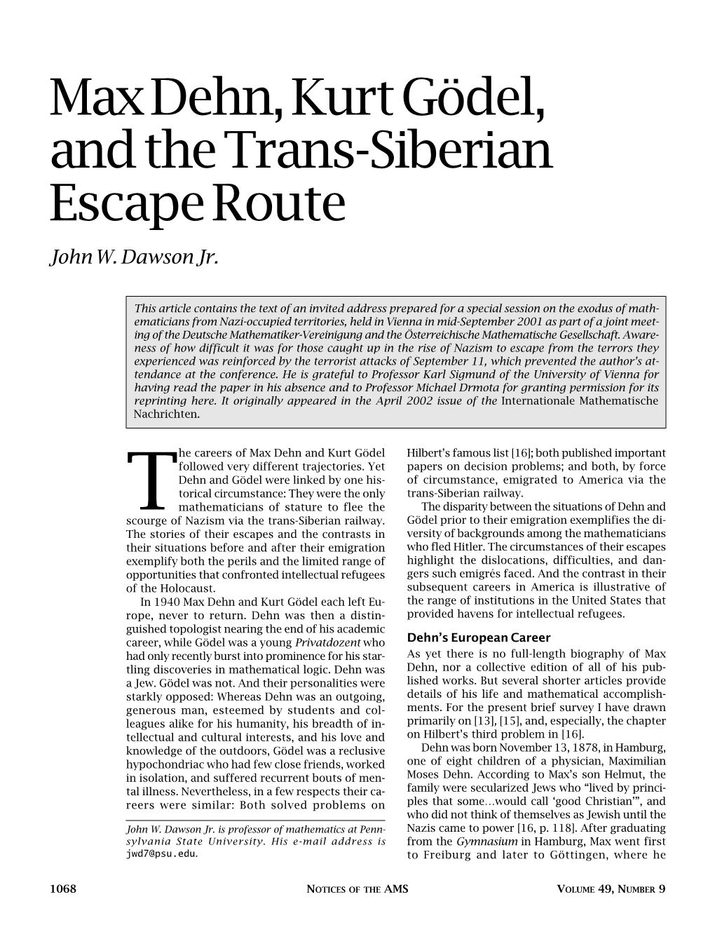 Max Dehn, Kurt Godel, and the Trans-Siberian Escape Route
