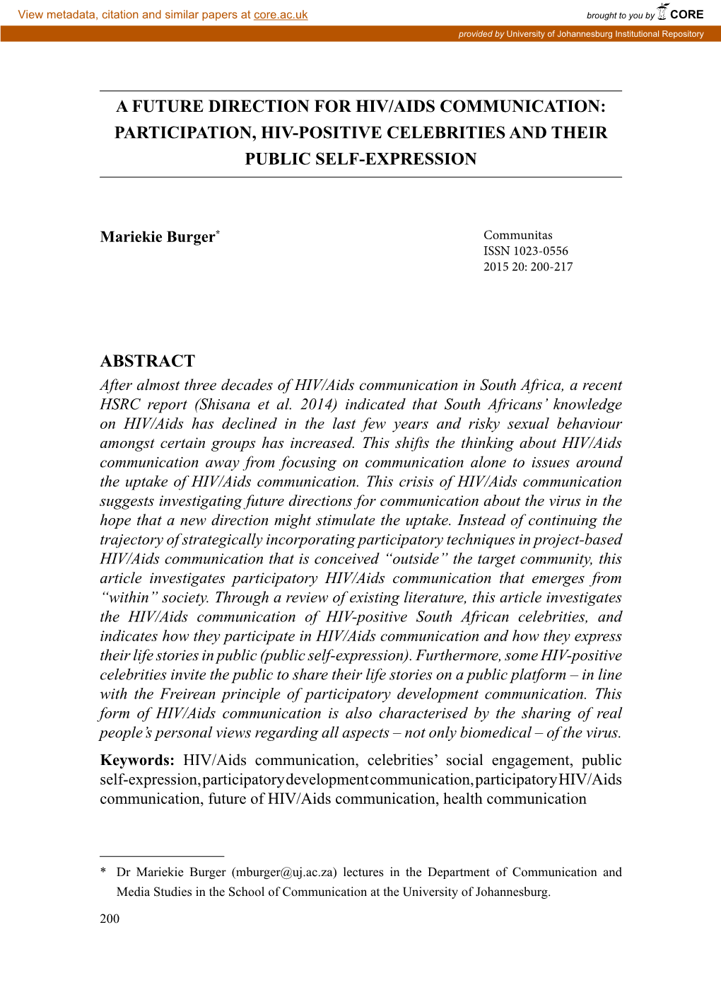 A Future Direction for Hiv/Aids Communication: Participation, Hiv‑Positive Celebrities and Their Public Self‑Expression