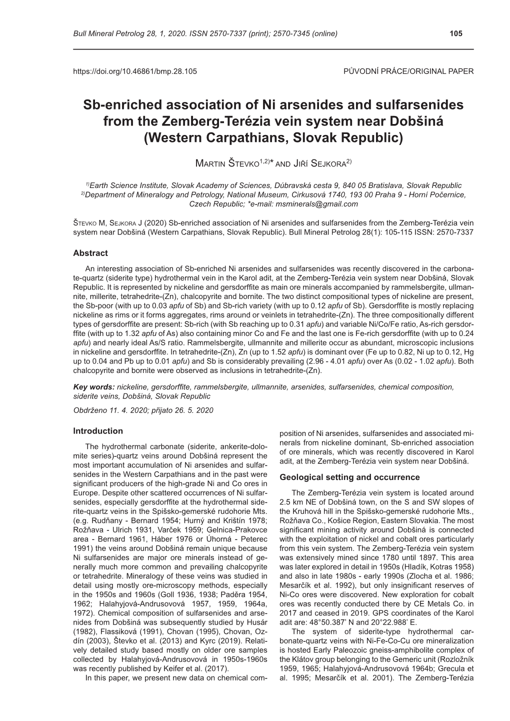 Sb-Enriched Association of Ni Arsenides and Sulfarsenides from the Zemberg-Terézia Vein System Near Dobšiná (Western Carpathians, Slovak Republic)