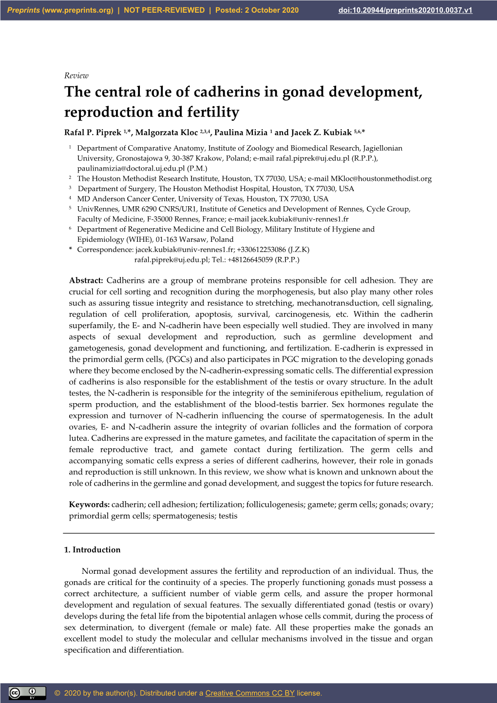 The Central Role of Cadherins in Gonad Development, Reproduction and Fertility