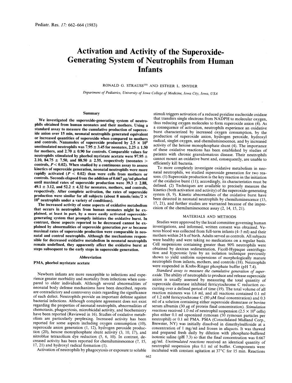 Activation and Activity of the Superoxide- Generating System of Neutrophils from Human Infants