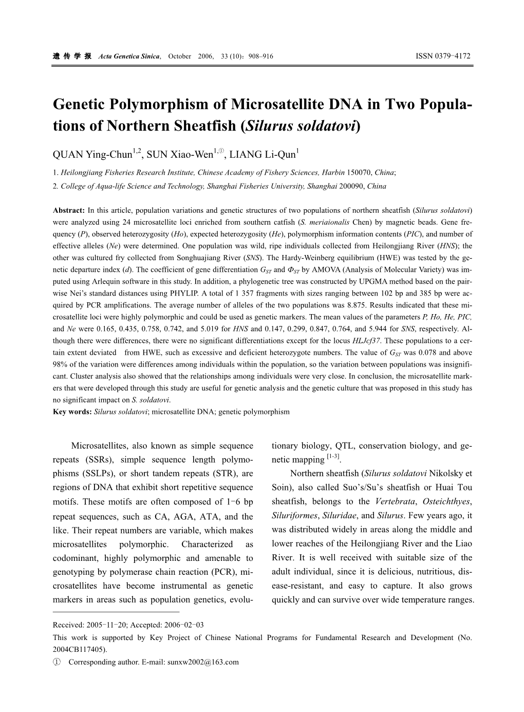 Genetic Polymorphism of Microsatellite DNA in Two Popula- Tions of Northern Sheatfish (Silurus Soldatovi)