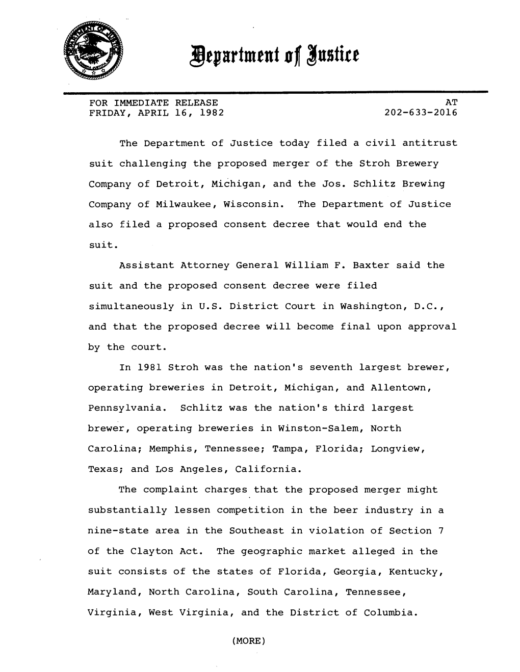 Department of Justice Files a Civil Antitrust Suit Challenging the Proposed Merger of the Stroh Brewery Company of Detroit, Mich