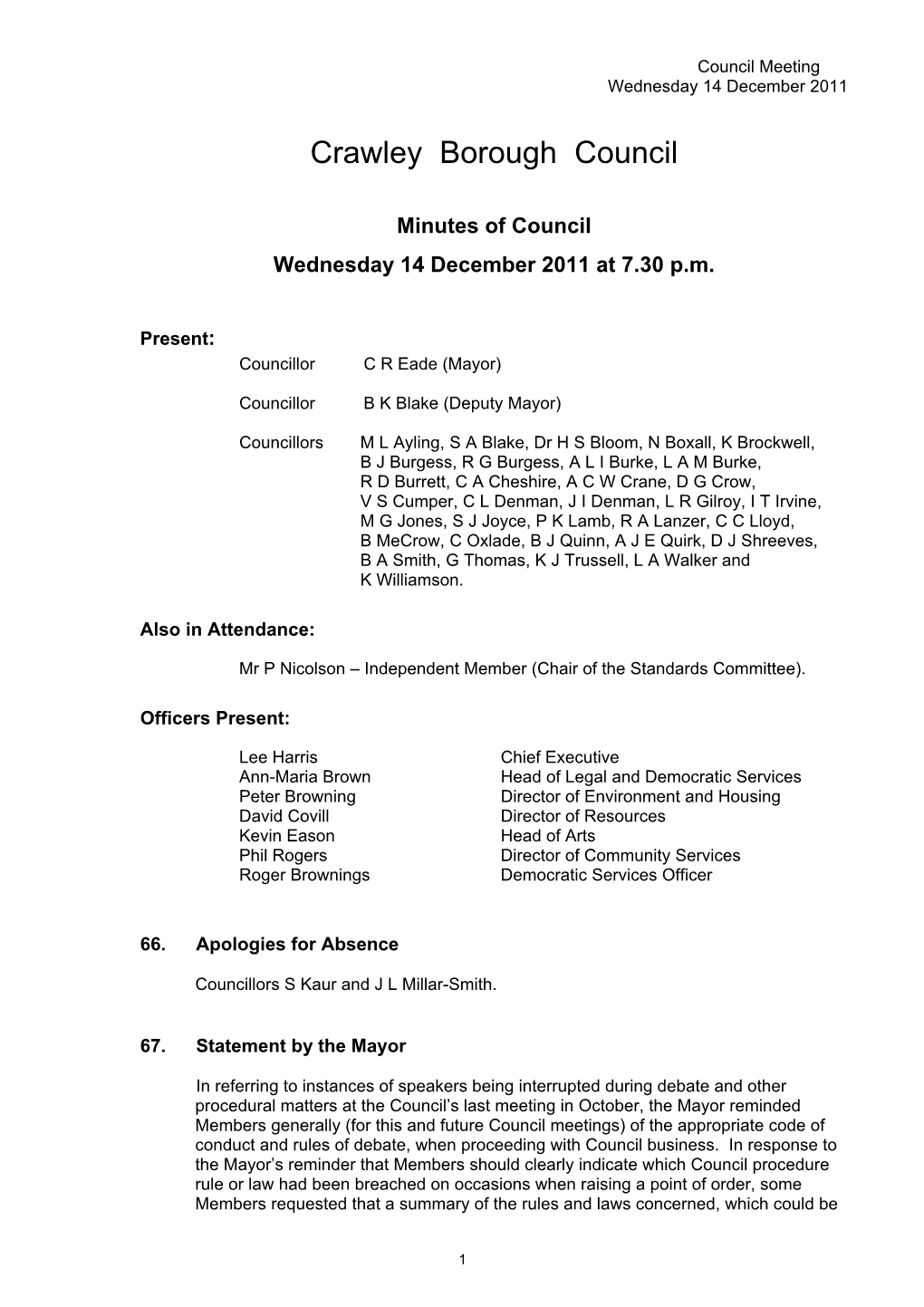 Minutes of Council Wednesday 14 December 2011 at 7.30 P.M