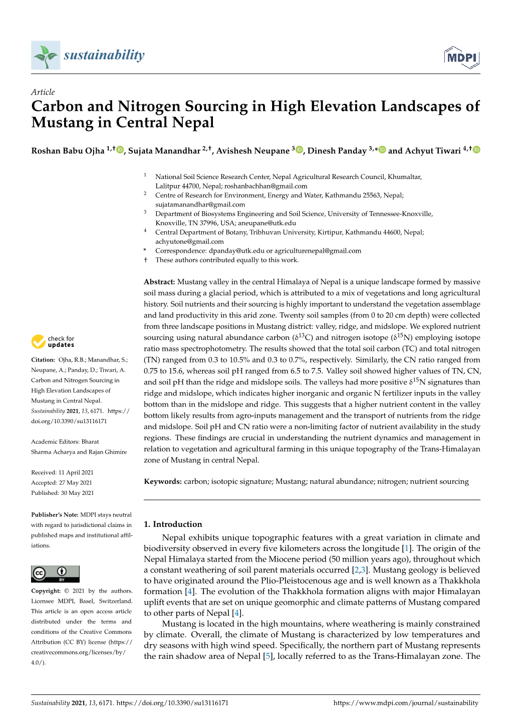 Carbon and Nitrogen Sourcing in High Elevation Landscapes of Mustang in Central Nepal