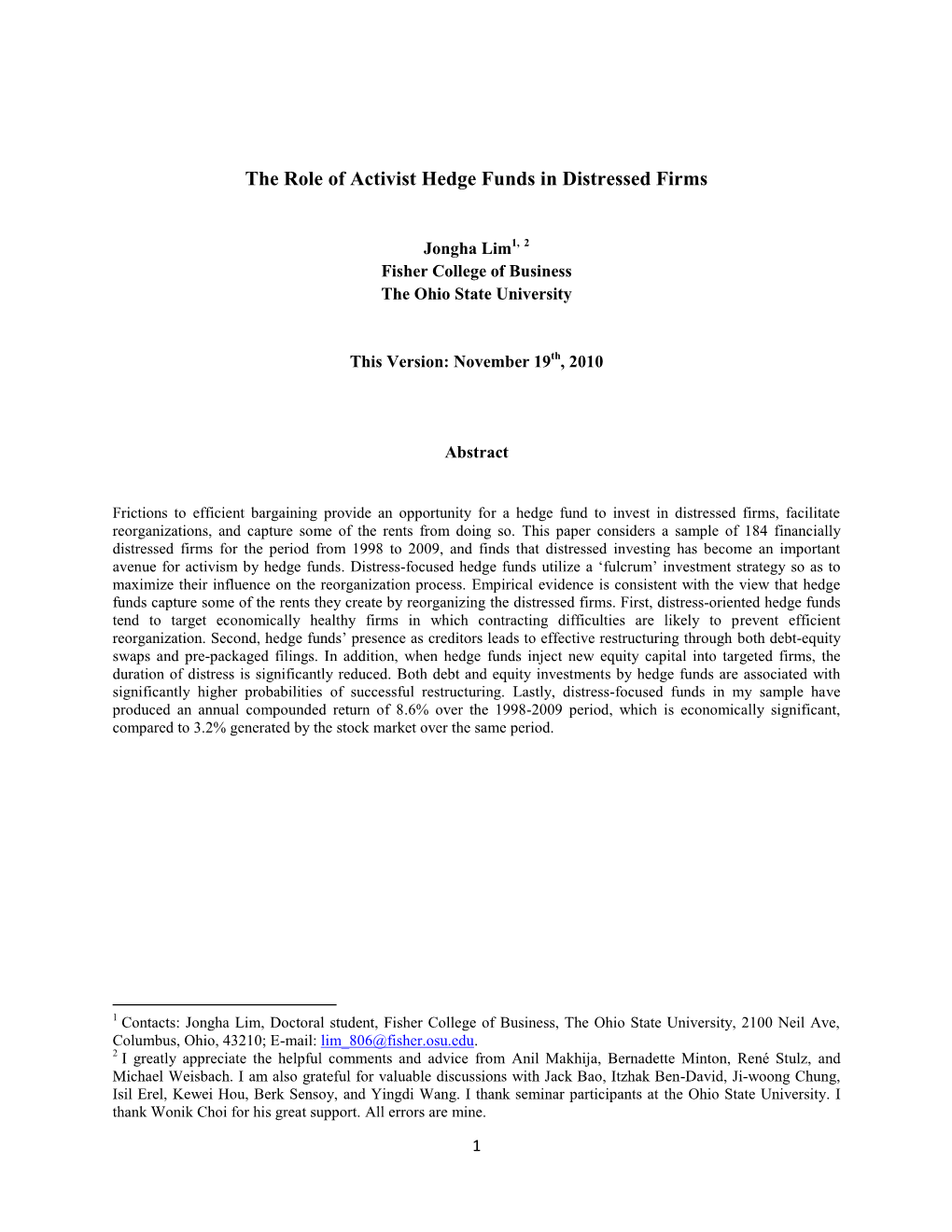 The Role of Activist Hedge Funds in Distressed Firms