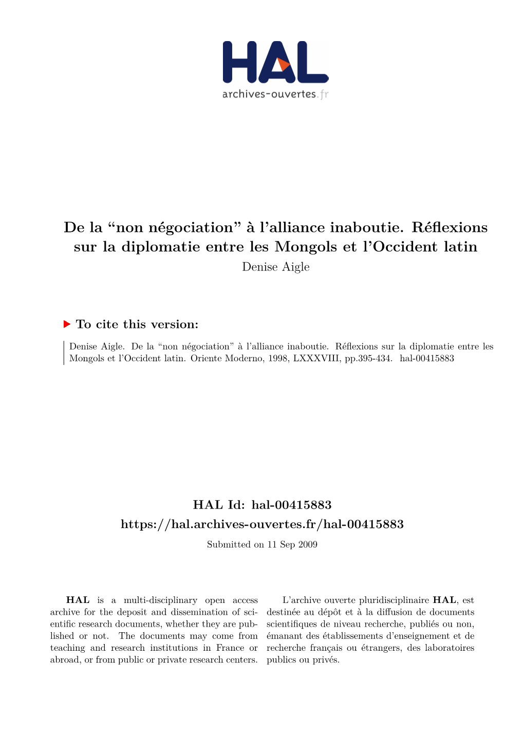 Alliance Inaboutie. Réflexions Sur La Diplomatie Entre Les Mongols Et L’Occident Latin Denise Aigle