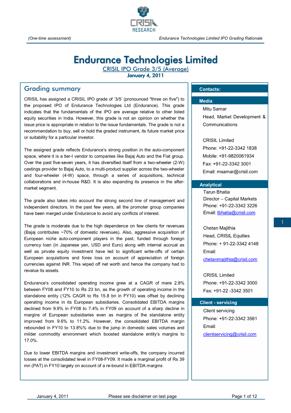 Endurance Technologies Limited IPO Grading Rationale