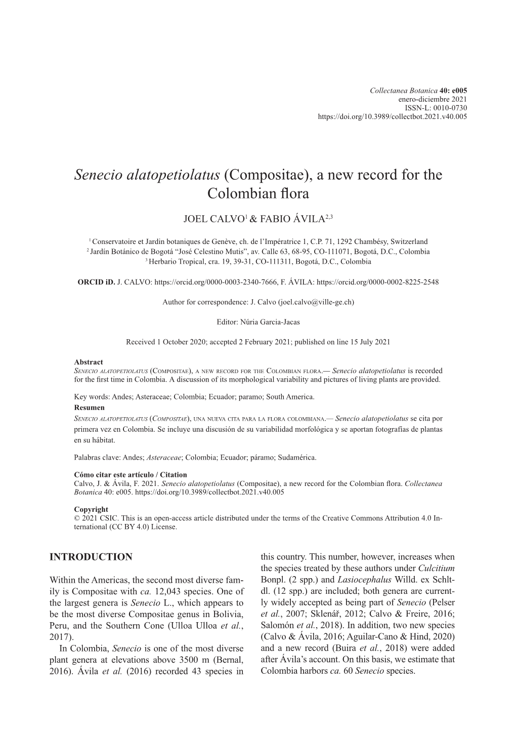 'Senecio Alatopetiolatus' (Compositae), a New Record for the Colombian Flora