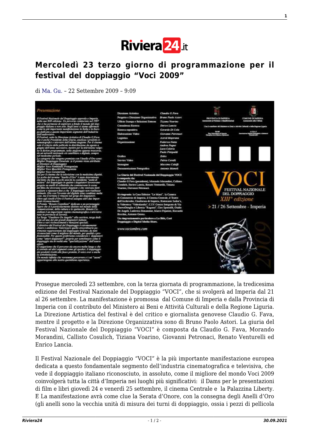 Mercoledì 23 Terzo Giorno Di Programmazione Per Il Festival Del Doppiaggio “Voci 2009”