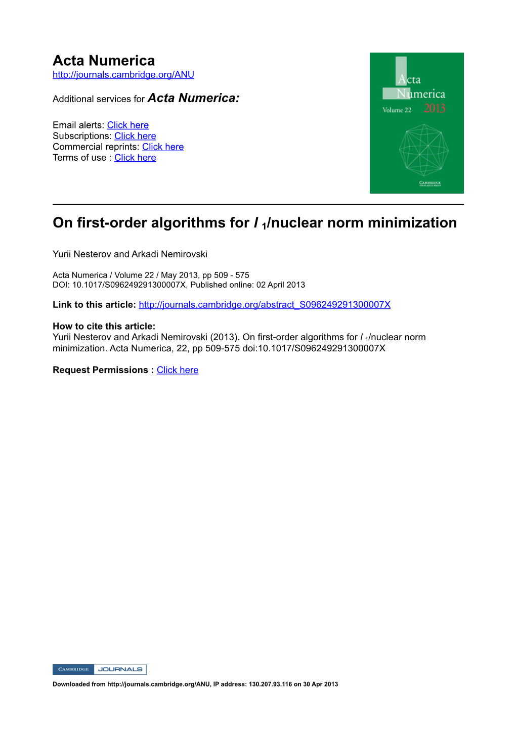 Acta Numerica on Firstorder Algorithms for L 1/Nuclear Norm