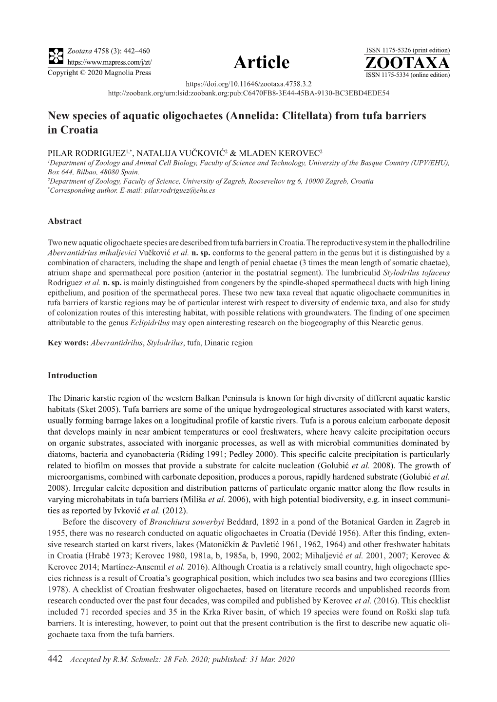 New Species of Aquatic Oligochaetes (Annelida: Clitellata) from Tufa Barriers in Croatia