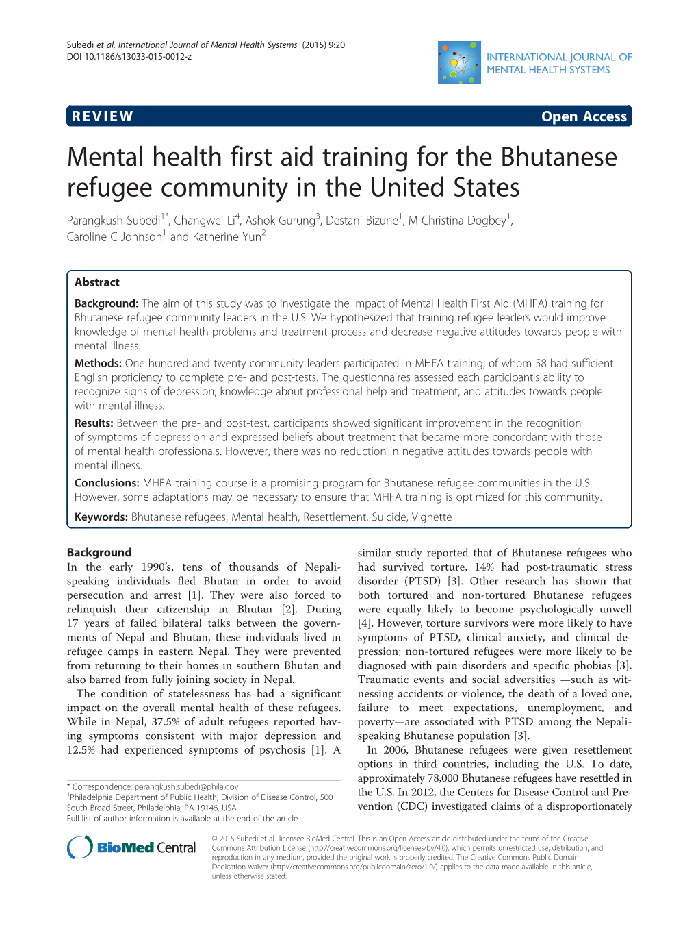 Mental Health First Aid Training for the Bhutanese Refugee Community In