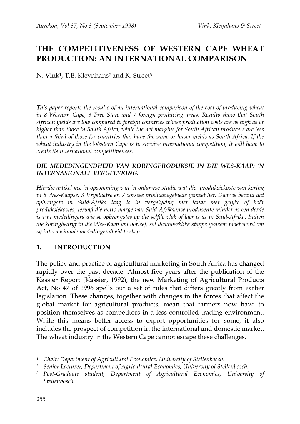 The Competitiveness of Western Cape Wheat Production: an International Comparison