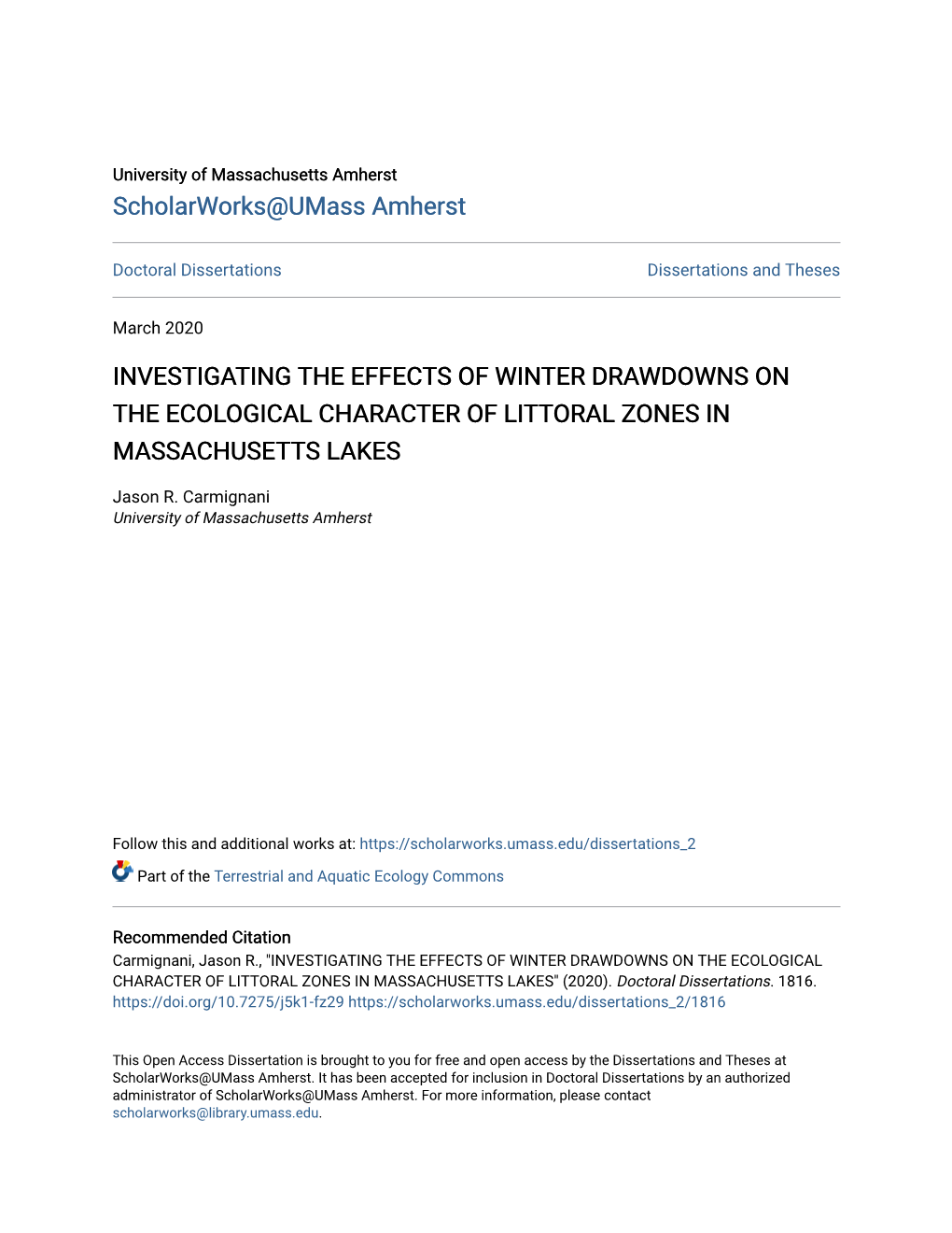 Investigating the Effects of Winter Drawdowns on the Ecological Character of Littoral Zones in Massachusetts Lakes