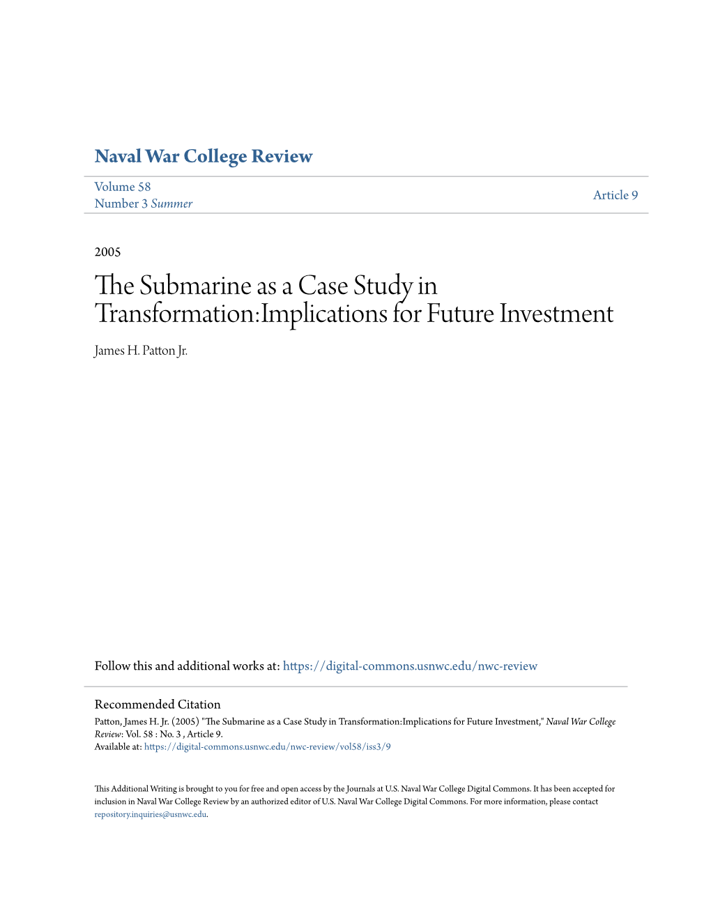 The Submarine As a Case Study in Transformation:Implications for Future Investment