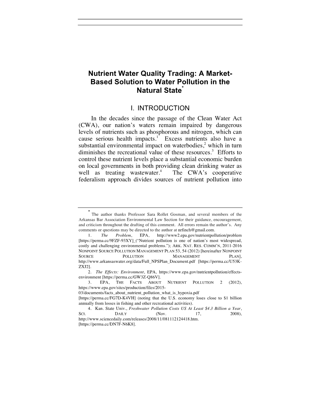 Nutrient Water Quality Trading: a Market- Based Solution to Water Pollution in the Natural State*