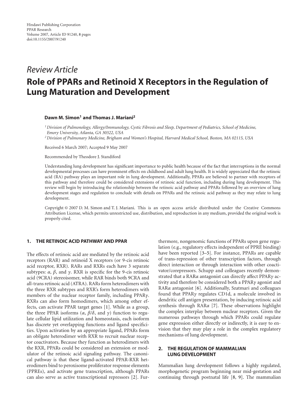 Role of Ppars and Retinoid X Receptors in the Regulation of Lung Maturation and Development