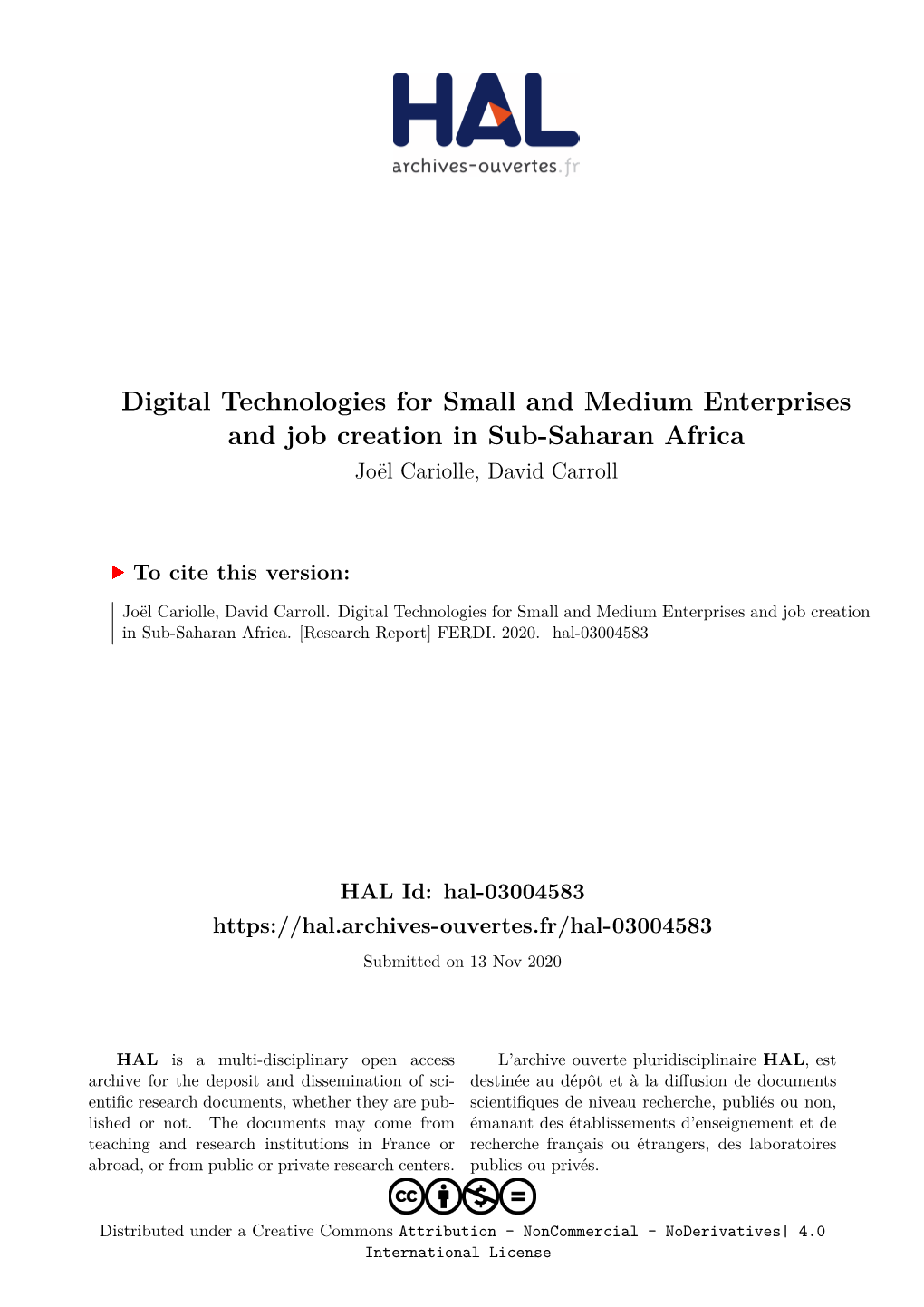 Digital Technologies for Small and Medium Enterprises and Job Creation in Sub-Saharan Africa Joël Cariolle, David Carroll