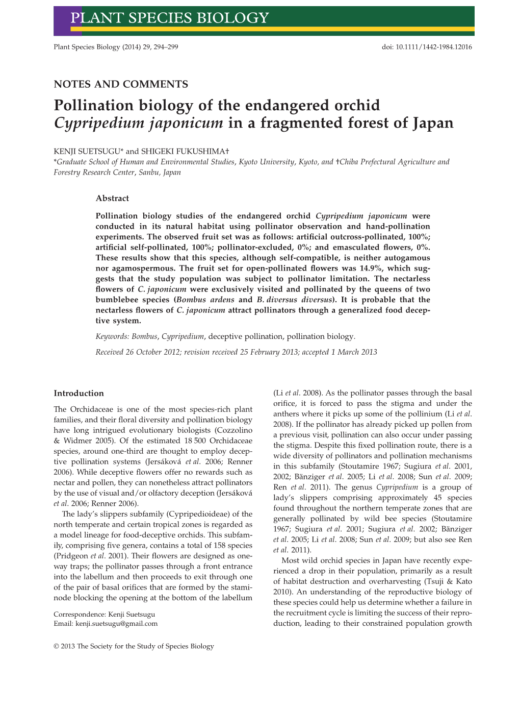 Pollination Biology of the Endangered Orchid Cypripedium Japonicum in a Fragmented Forest of Japan