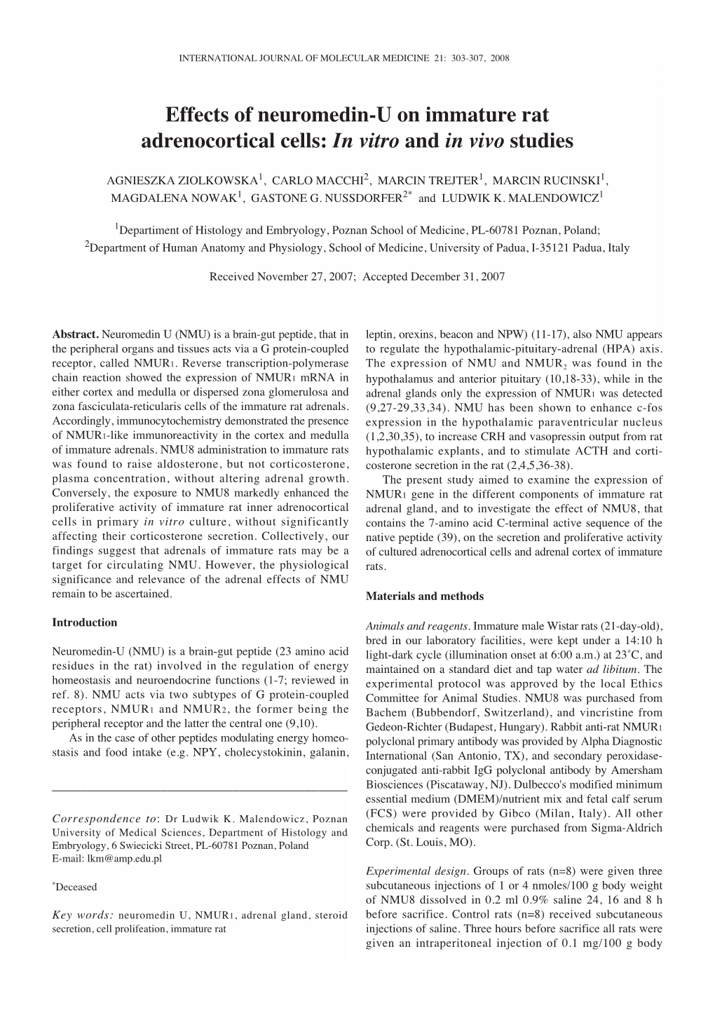 Effects of Neuromedin-U on Immature Rat Adrenocortical Cells: in Vitro and in Vivo Studies