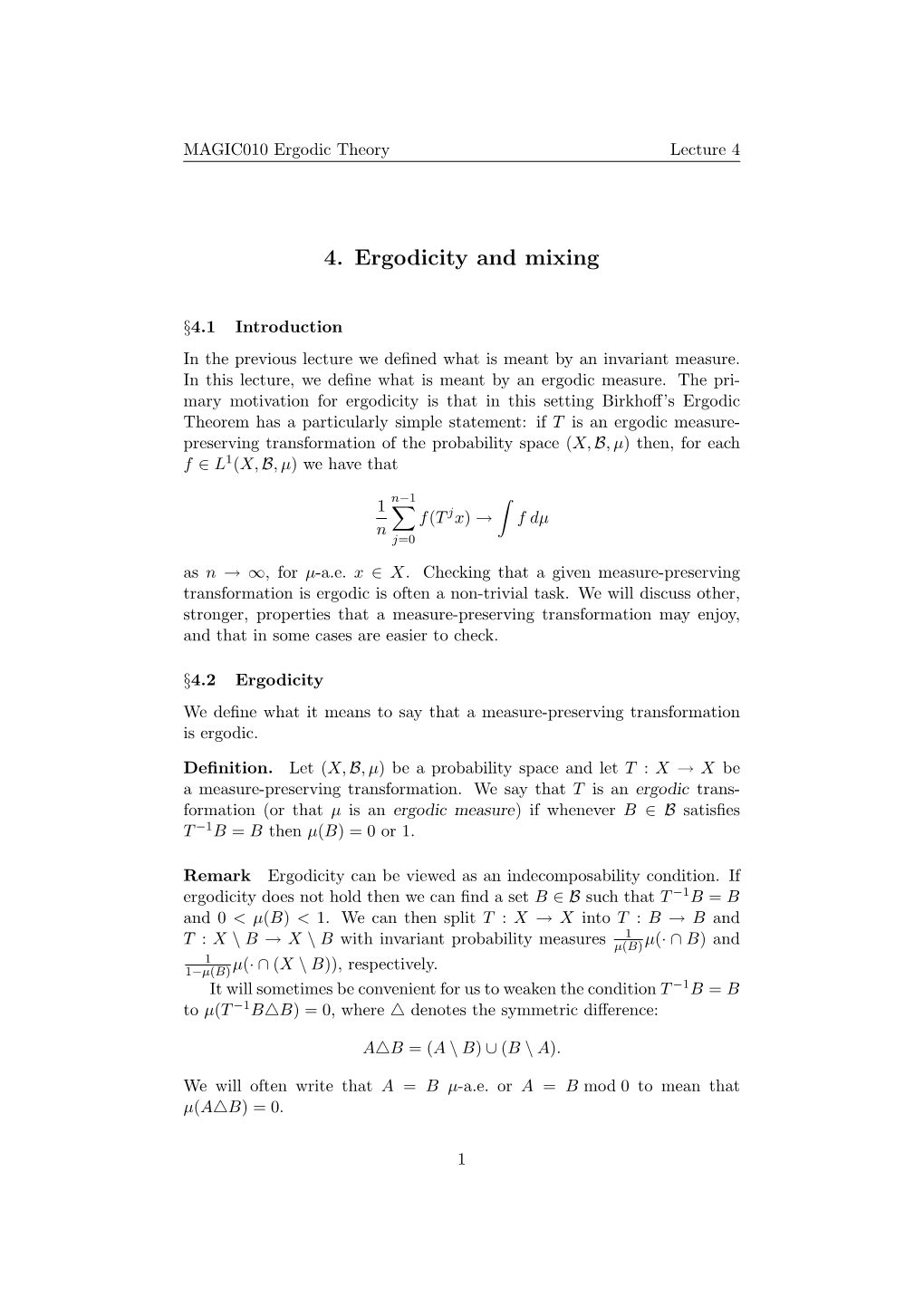 4. Ergodicity and Mixing