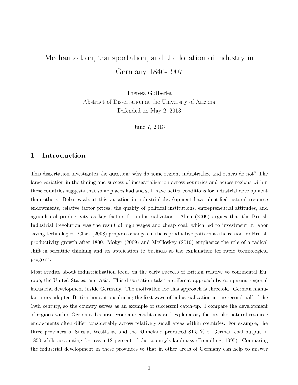 Mechanization, Transportation, and the Location of Industry in Germany 1846-1907