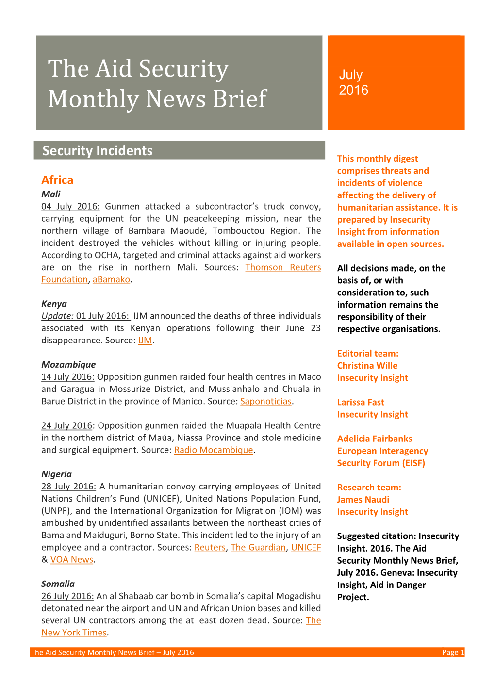 The Aid Security Monthly News Brief – July 2016 Page 1