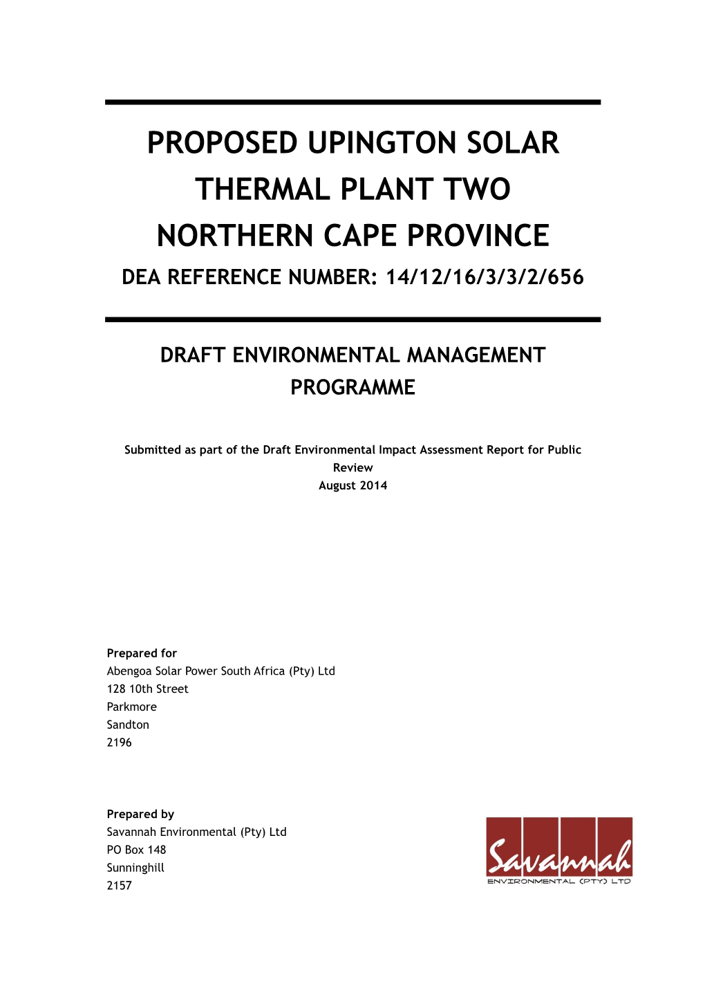 Proposed Upington Solar Thermal Plant Two Northern Cape Province Dea Reference Number: 14/12/16/3/3/2/656