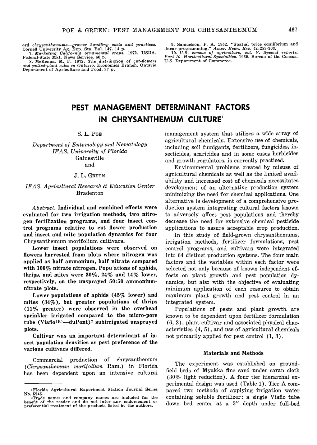 Pest Management Determinant Factors in Chrysanthemum Culture1