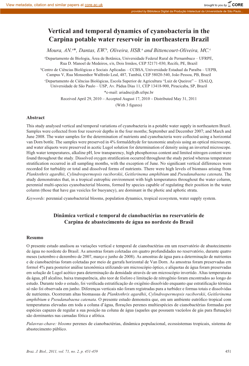 Vertical and Temporal Dynamics of Cyanobacteria in the Carpina