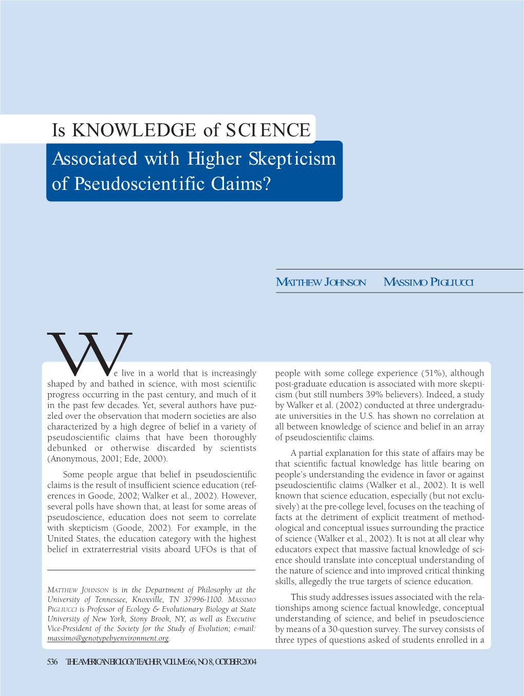 Is KNOWLEDGE of SCIENCE Associated with Higher Skepticism of Pseudoscientific Claims?