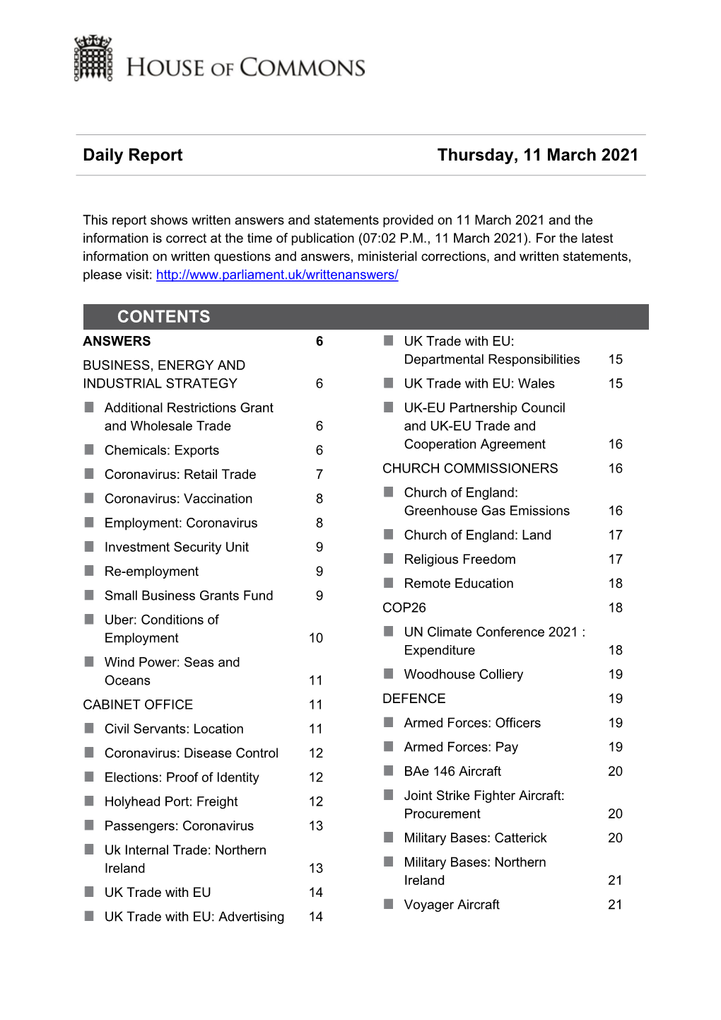 Daily Report Thursday, 11 March 2021 CONTENTS