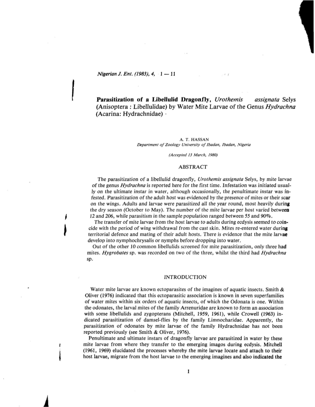 Parasitization of a Libellulid Dragonfly, Urothemis Assignata Se1ys (Anisoptera: Libellulidae) by Water Mite Larvae of the Genus Hydrachna (Acarina: Hydrachnidae)