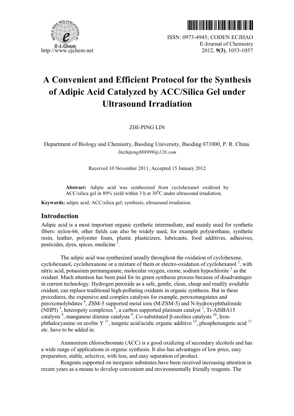 A Convenient and Efficient Protocol for the Synthesis of Adipic Acid Catalyzed by ACC/Silica Gel Under Ultrasound Irradiation