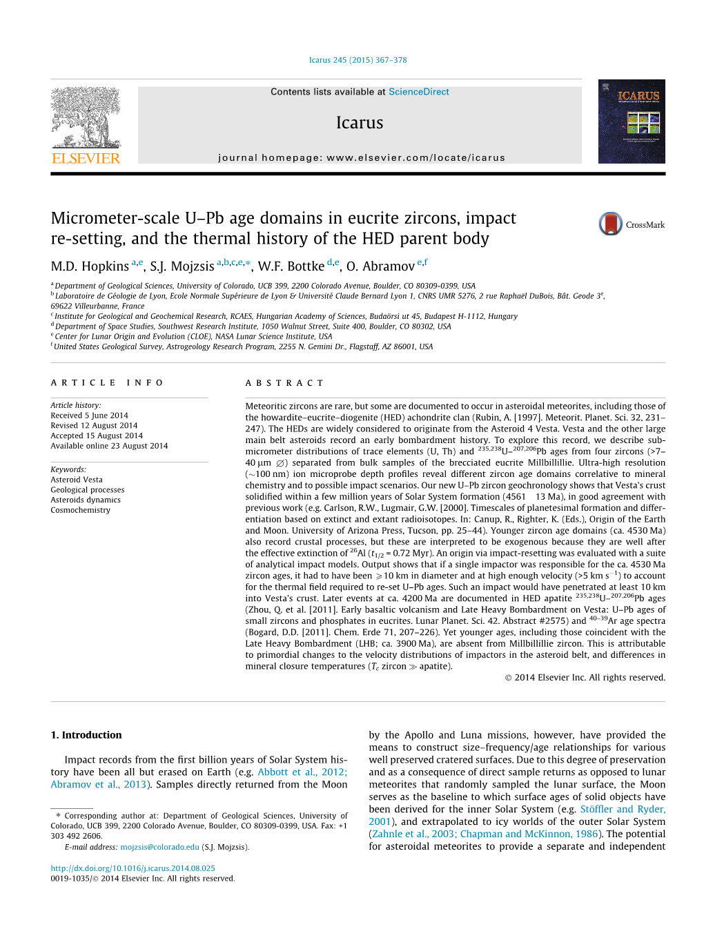 Pb Age Domains in Eucrite Zircons, Impact Re-Setting, and the Thermal History of the HED Parent Body ⇑ M.D