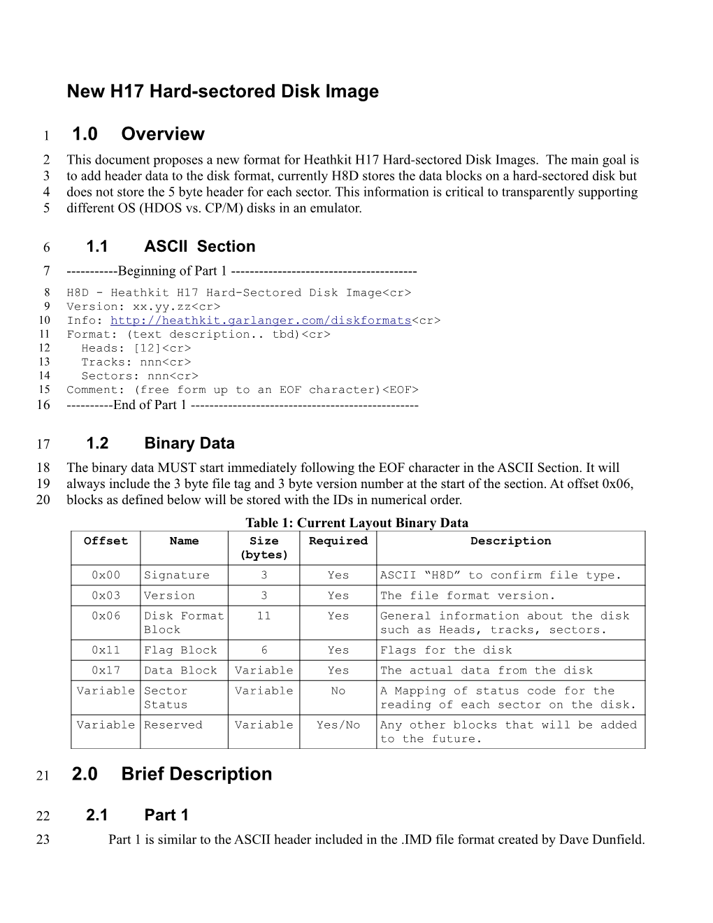 New H17 Hard-Sectored Disk Image 1.0 Overview 2.0 Brief Description