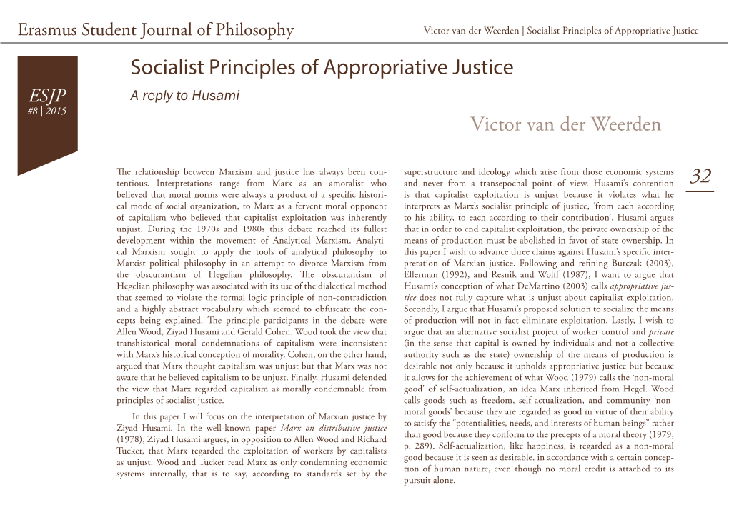 Socialist Principles of Appropriative Justice Socialist Principles of Appropriative Justice ESJP a Reply to Husami #8 | 2015 Victor Van Der Weerden