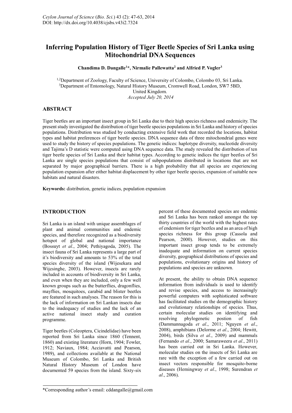 Inferring Population History of Tiger Beetle Species of Sri Lanka Using Mitochondrial DNA Sequences