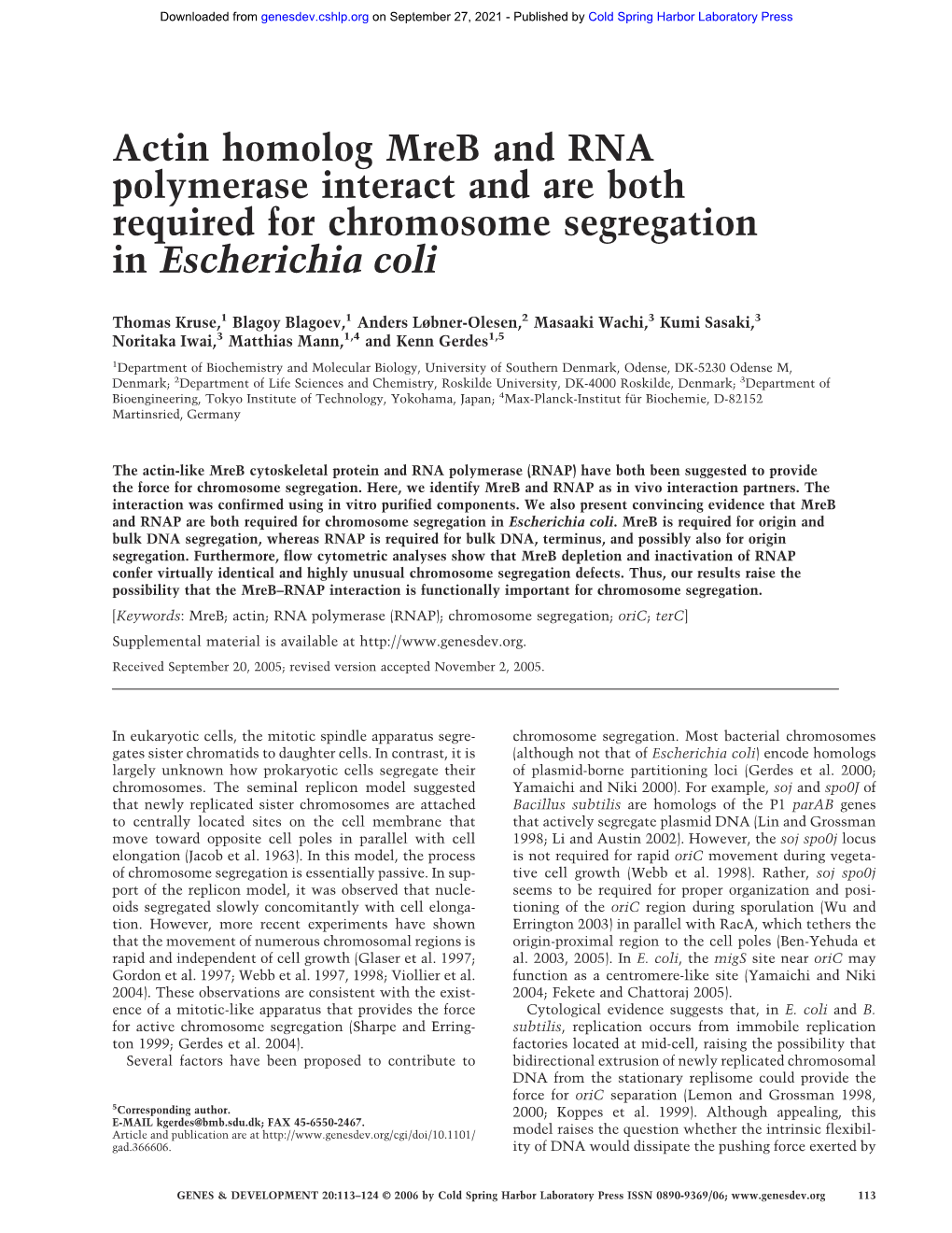 Actin Homolog Mreb and RNA Polymerase Interact and Are Both Required for Chromosome Segregation in Escherichia Coli