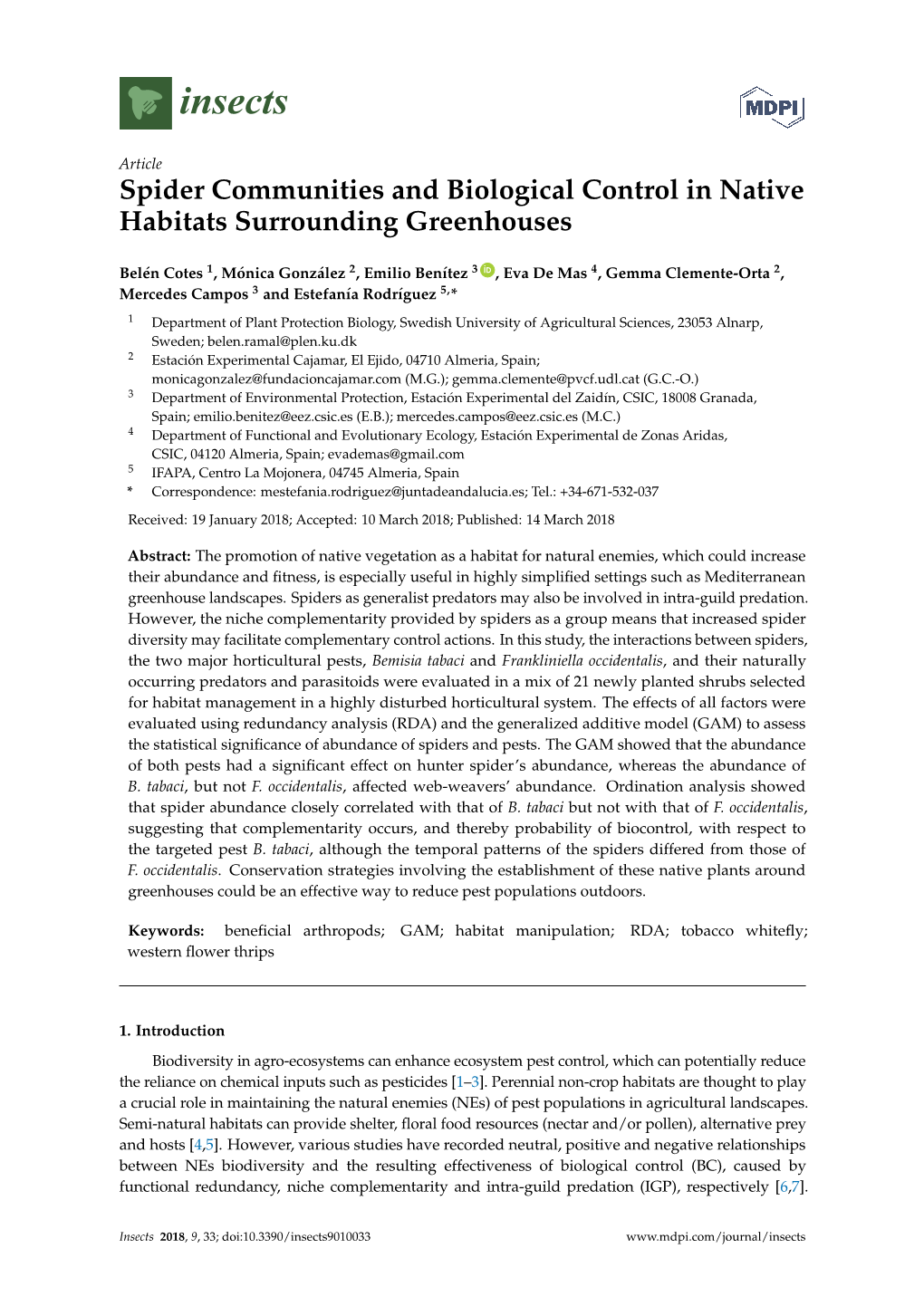 Spider Communities and Biological Control in Native Habitats Surrounding Greenhouses